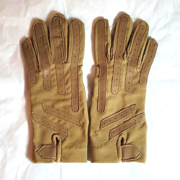 Vintage 70s-80s Isotoner Woman's Gloves One Size Tan Stretch Leather Accents - Picture 1 of 6